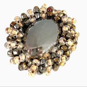 Hand  beaded silver natural hematite earrings with black crystal beaded border